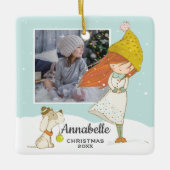 かわいい冬の少女と犬のイラストレーション写真 セラミックオーナメント (正面)