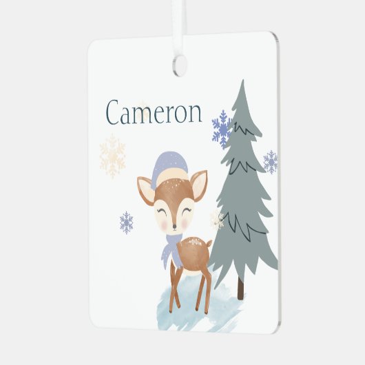 かわいい冬の少年 鹿 オーダーメイド名 メタルオーナメント (正面左)