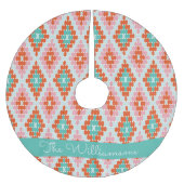 かわいい冬の幾何学模様のティール(緑がかった色)とピンクの名前 ブラッシュドポリエステルツリースカート (正面)