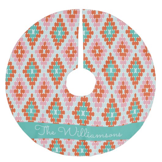 かわいい冬の幾何学模様のティール(緑がかった色)とピンクの名前 ブラッシュドポリエステルツリースカート (正面)