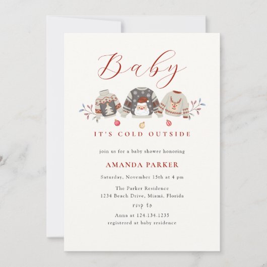 かわいい冬の服クリスマスベビーシャワー 招待状 (正面)
