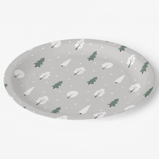 かわいい冬の木と雪の模様 ペーパープレート (アングル)