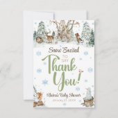 かわいい冬の森の動物スノーフレーク赤ちゃんシャワー サンキューカード (正面)