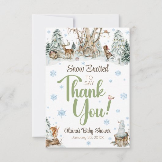 かわいい冬の森の動物スノーフレーク赤ちゃんシャワー サンキューカード (正面)