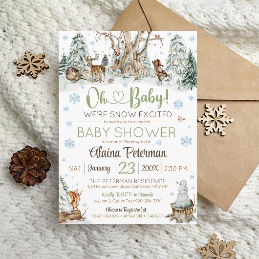 かわいい冬の森の動物スノーフレーク赤ちゃんシャワー 招待状