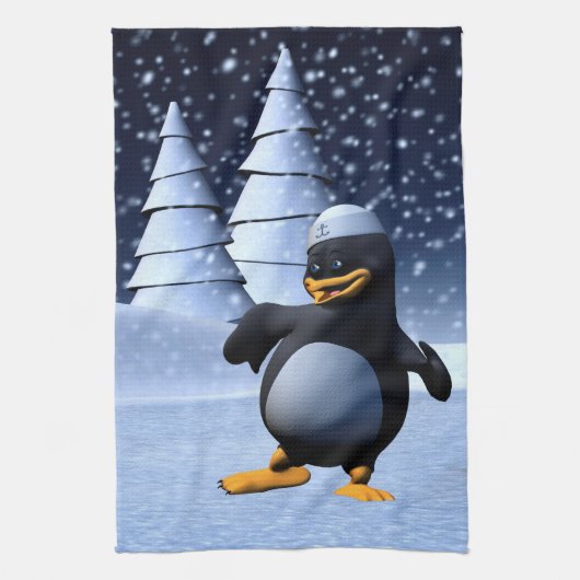かわいい冬の水兵ペンギン 雪のホリデーアート キッチンタオル (縦)