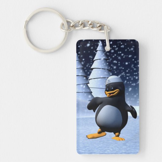 かわいい冬の水兵ペンギン 雪のホリデーアート キーホルダー (正面)
