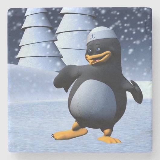 かわいい冬の水兵ペンギン 雪のホリデーアート ストーンコースター (正面)