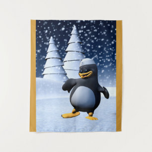 かわいい冬の水兵ペンギン 雪のホリデーアート タペストリー