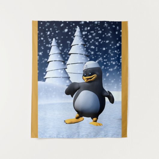 かわいい冬の水兵ペンギン 雪のホリデーアート タペストリー (正面)