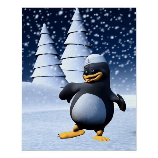 かわいい冬の水兵ペンギン 雪のホリデーアート ポスター (正面)
