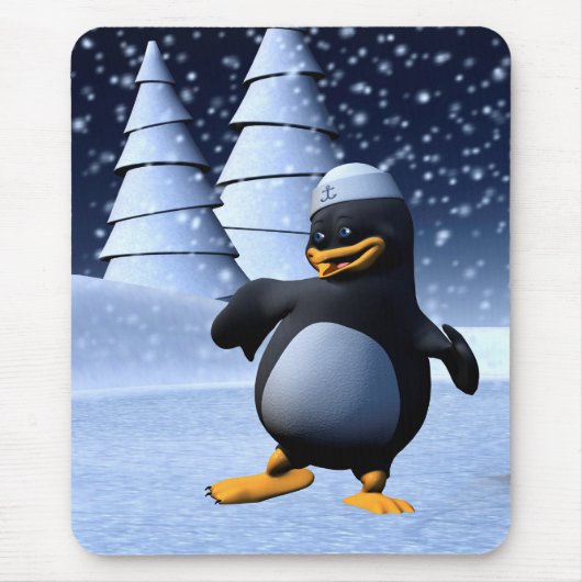 かわいい冬の水兵ペンギン 雪のホリデーアート マウスパッド (正面)