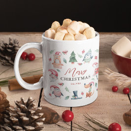 かわいい冬の水彩メリークリスマス コーヒーマグカップ