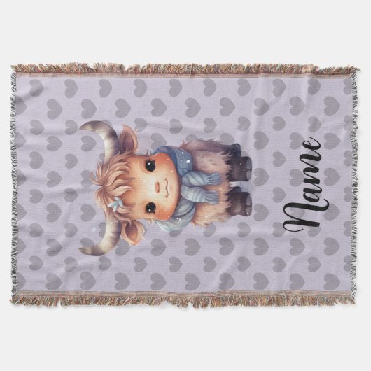 かわいい冬の牛とハート スローブランケット (正面)