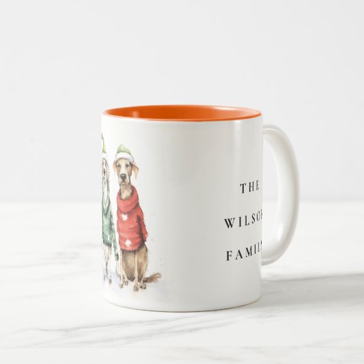 かわいい冬の犬のセーター毛皮と明るいクリスマス ツートーンマグカップ (正面右)