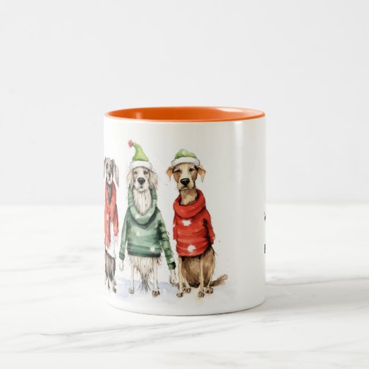 かわいい冬の犬のセーター毛皮と明るいクリスマス ツートーンマグカップ (中央)
