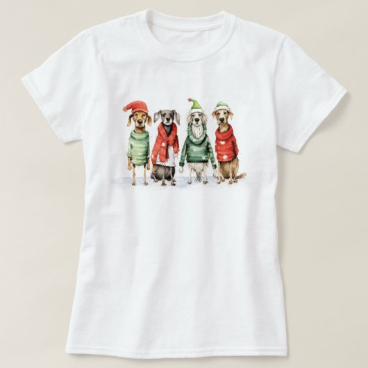 かわいい冬の犬のセーター毛皮と明るいクリスマス Tシャツ (デザイン正面)