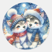かわいい冬の犬のハスキーの子犬クリスマス20シール ラウンドシール (正面)