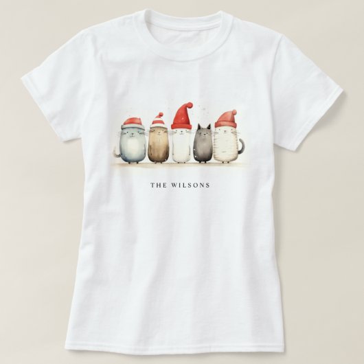 かわいい冬の猫のセーター毛皮と明るいクリスマス Tシャツ (デザイン正面)