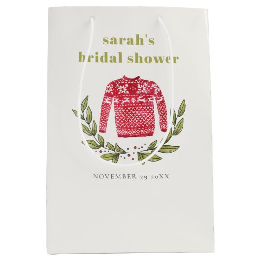かわいい冬の赤い緑の醜いセーターブライダルシャワー ミディアムペーパーバッグ (正面)