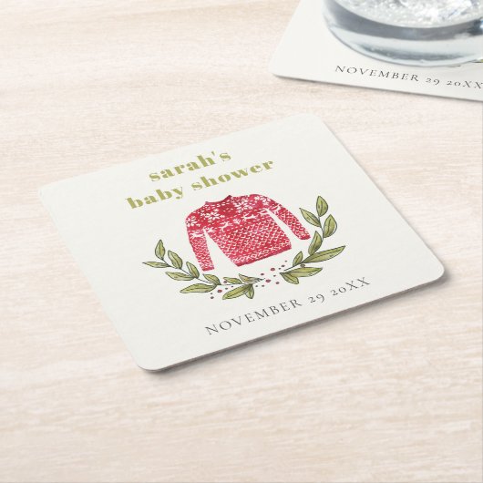 かわいい冬の赤い緑の醜いセーター赤ちゃんシャワー スクエアペーパーコースター (アングル)