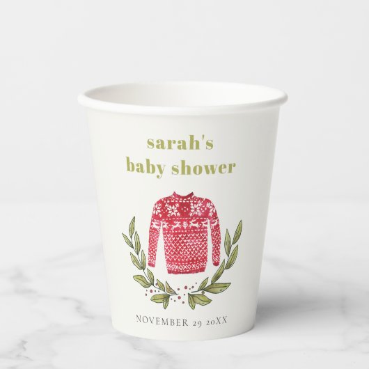かわいい冬の赤い緑の醜いセーター赤ちゃんシャワー 紙コップ (正面)