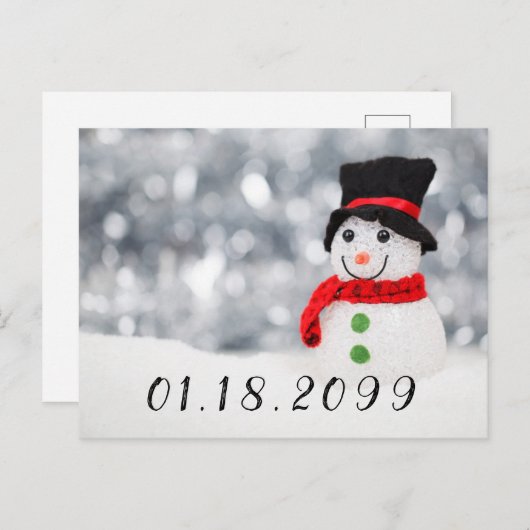 かわいい冬の雪だるまとレッドスカーフとブラックトップハット 案内ポストカード (正面/裏面)