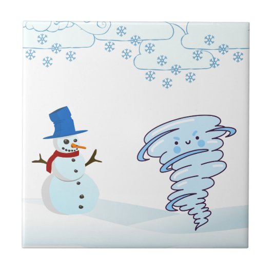 かわいい冬の雪だるまと風 タイル (正面)