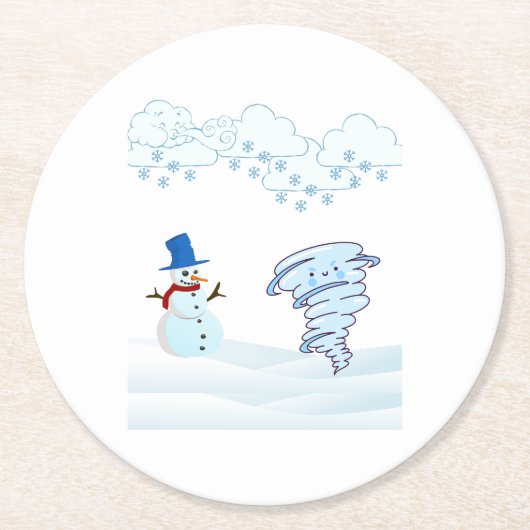 かわいい冬の雪だるまと風 ラウンドペーパーコースター (正面)