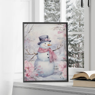 かわいい冬の雪だるまピンクの花 ポスター