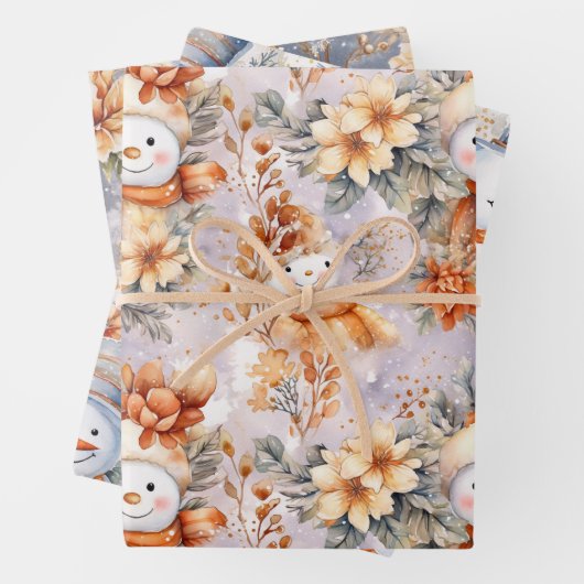 かわいい冬の雪だるまフローラシーンクリームウォーター色 ラッピングペーパーシート (インサイチュ)