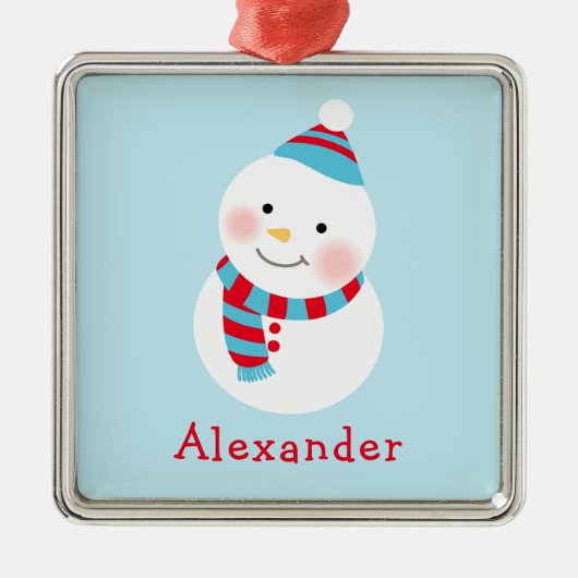 かわいい冬の雪だるまブルーカスタム名 メタルオーナメント (正面)