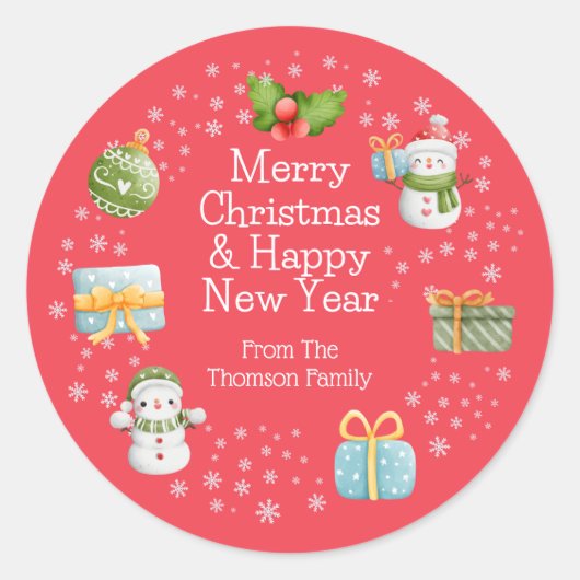 かわいい冬の雪だるまメリークリスマスステッカー ラウンドシール (正面)