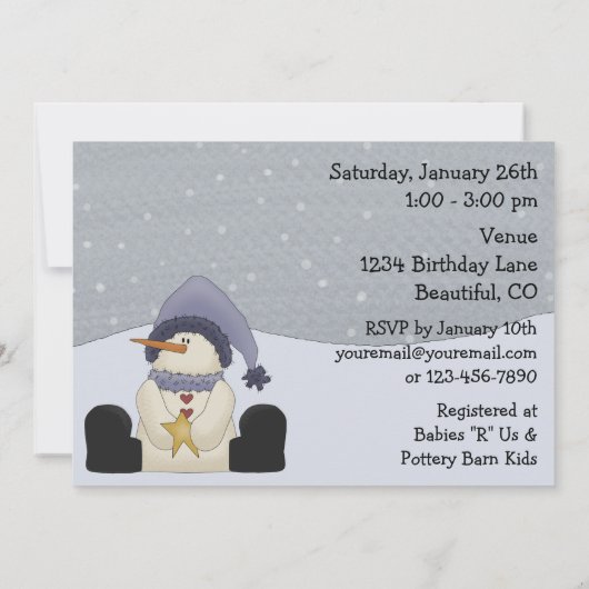 かわいい冬の雪だるま少年の赤ちゃんシャワー 招待状 (裏面)