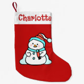 かわいい冬の雪だるま | 子供の名前(赤) スモールクリスマスストッキング (正面)