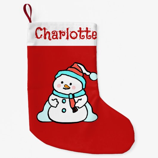 かわいい冬の雪だるま | 子供の名前(赤) スモールクリスマスストッキング (正面)