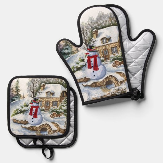 かわいい冬の雪だるま 鍋つかみ&鍋敷きセット (正面/裏面)