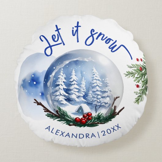 かわいい冬の雪の球体と名水色 ラウンドクッション (正面)