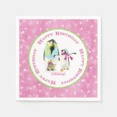 かわいい冬の雪ペンギン誕生日パーティーガールピンク スタンダードカクテルナプキン (正面)