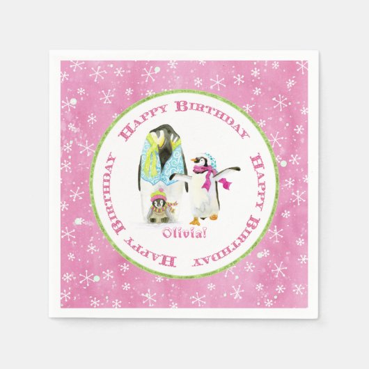 かわいい冬の雪ペンギン誕生日パーティーガールピンク スタンダードカクテルナプキン (正面)