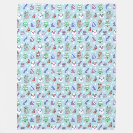 かわいい冬の雪猫パターン フリースブランケット (正面)
