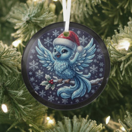 かわいい冬の青い鳥のクリスマスサンタ帽子のオーナメント ガラスオーナメント