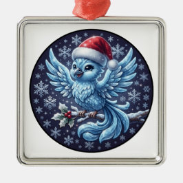 かわいい冬の青い鳥のクリスマスサンタ帽子のオーナメント メタルオーナメント