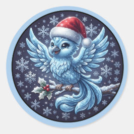かわいい冬の青い鳥のクリスマスサンタ帽子のオーナメント ラウンドシール