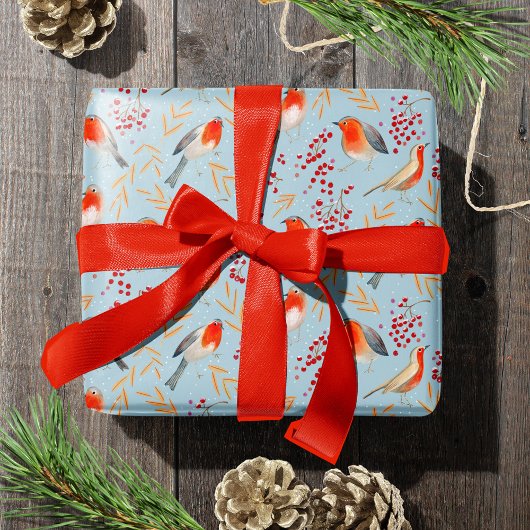 かわいい冬の青と赤い鳥とベリー ラッピングペーパー