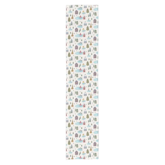 かわいい冬の風景住宅スケートで滑る人 ショートテーブルランナー (正面)