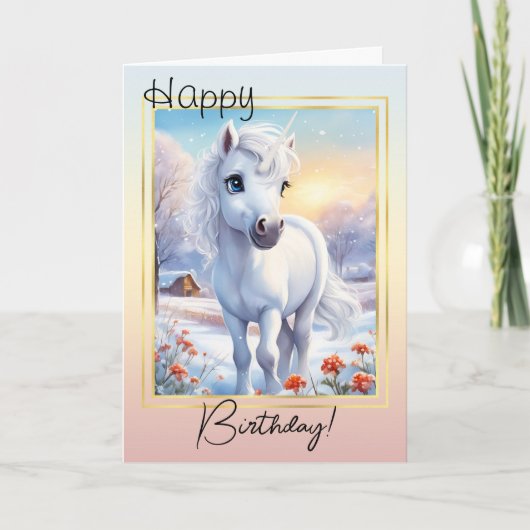 かわいい冬の魔法のユニコーン写真誕生日 カード (正面)
