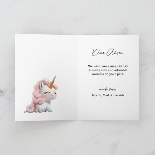 かわいい冬の魔法のユニコーン写真誕生日 カード (内部)