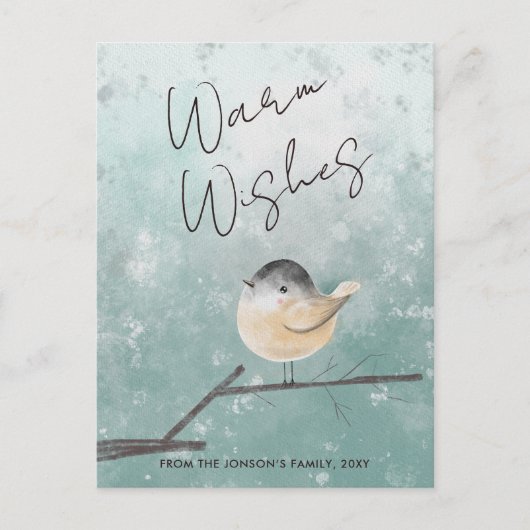 かわいい冬の鳥の水彩暖かい願い シーズンポストカード (正面)