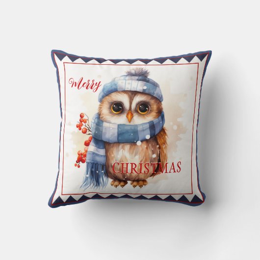 かわいい冬フクロウのクリスマスアニマルアート クッション (裏面)